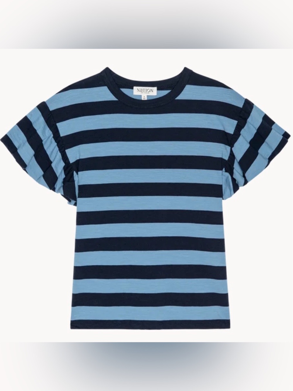 Nation Los Angeles 100% Cotton Tee Blue Rugby Stripe Ruffle Short Sleeve Size XL